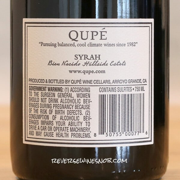 2020 Qupé Bien Nacido Hillside Estate Syrah Back Label