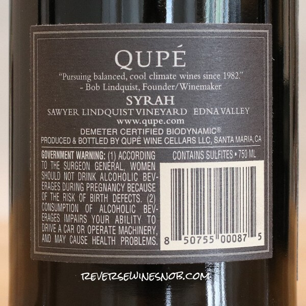 2016 Qupé Sawyer Lindquist Syrah Back Label