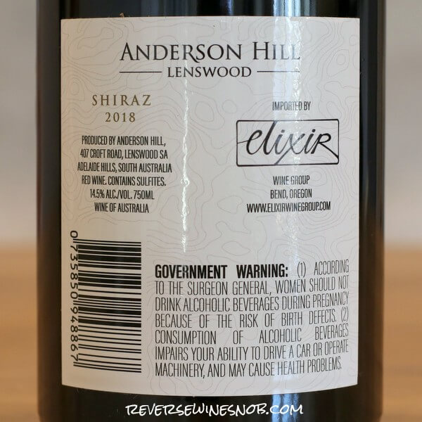 2018 Anderson Hill O Series Lenswood Shiraz Back Label