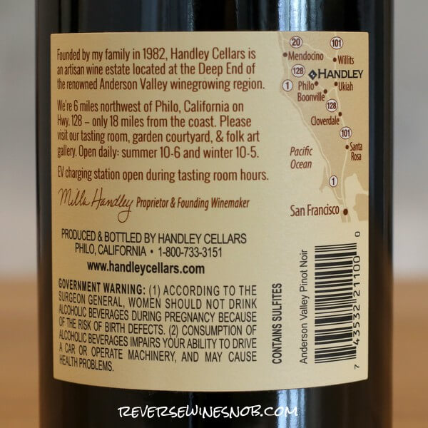 2018 Handley Anderson Valley Pinot Noir Back Label
