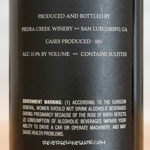 2019 Piedra Creek Winery Pinot Noir Back Label