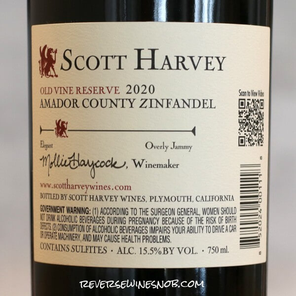 2020 Scott Harvey Old Vine Reserve Zinfandel Back Label