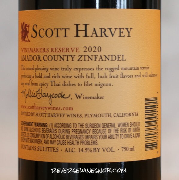 2020 Scott Harvey Winemaker's Reserve Zinfandel Back Label