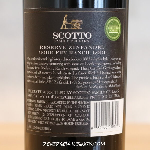 2019 Scotto Cellars Reserve Zinfandel Mohr-Fry Ranch Back Label