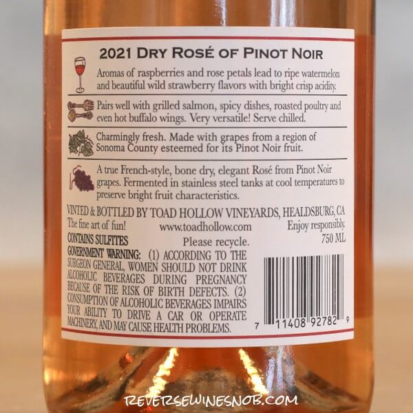 2021 Toad Hollow Dry Rosé of Pinot Noir Back Label