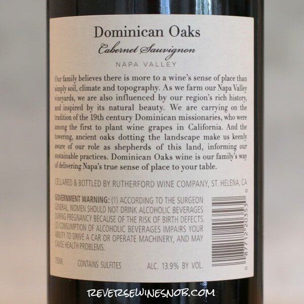 2016 Dominican Oaks Napa Valley Cabernet Sauvignon Back Label