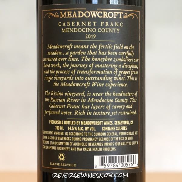 2019 Meadowcroft Rivino Vineyard Cabernet Franc Back Label