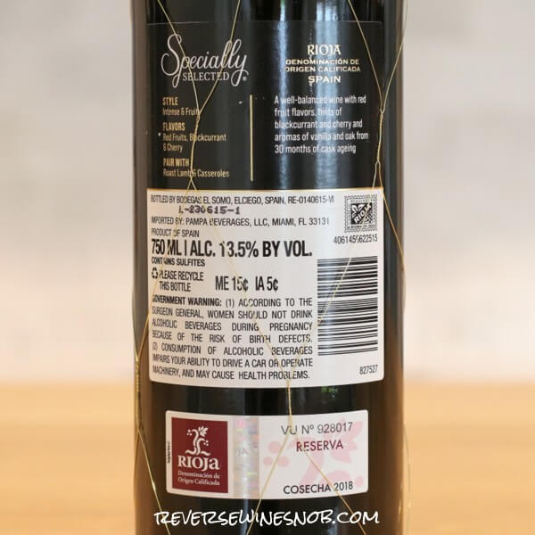 2018 Specially Selected Rioja Reserva Back Label