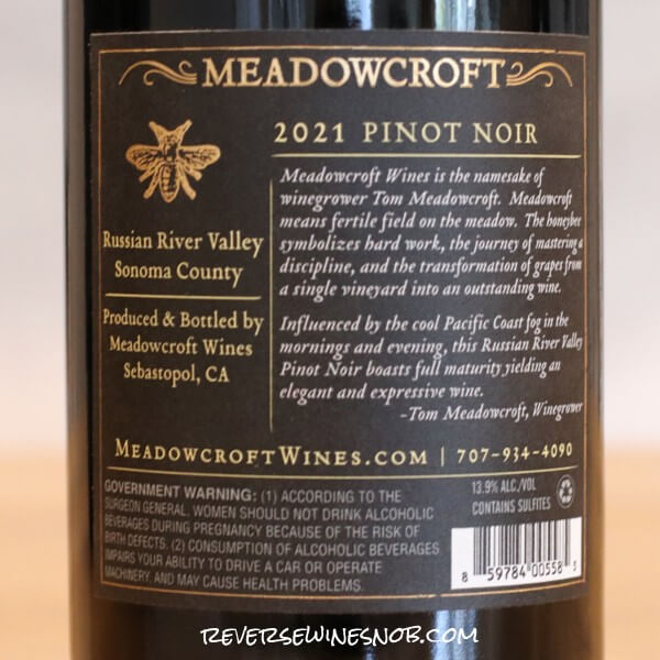 2021 Meadowcroft Russian River Valley Pinot Noir Back Label