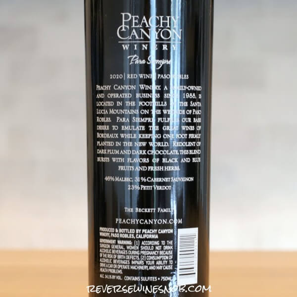 2020 Peachy Canyon Para Siempre Back Label