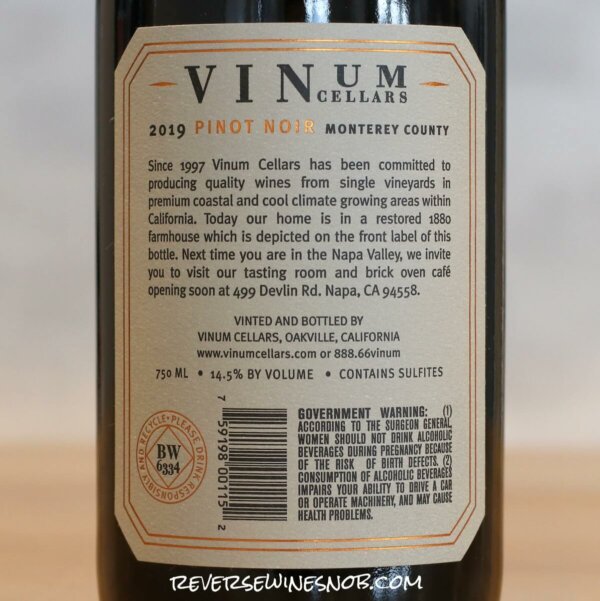 2019 Vinum Cellars Monterey Pinot Noir Back Label