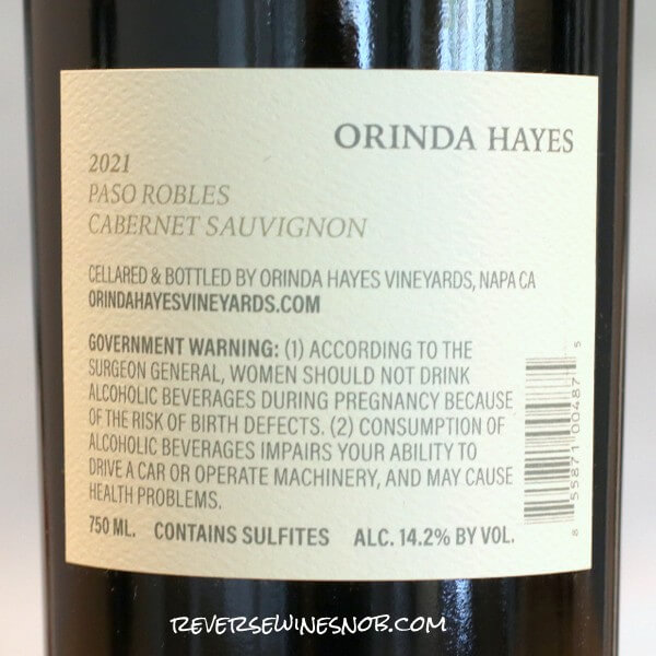 2021 Orinda Hayes Paso Robles Cabernet Sauvignon Back Label