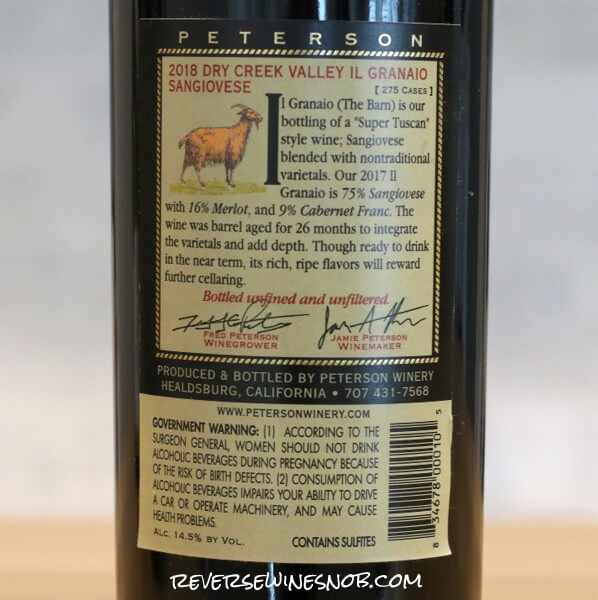 2018 Peterson Winery Il Granaio Dry Creek Valley Super Tuscan style Sangiovese Back Label
