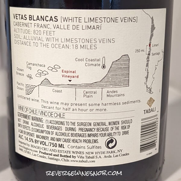 2018 Tabali Vetas Blancas Cabernet Franc Back Label