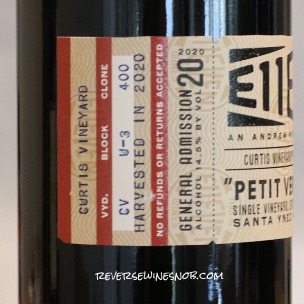 2020 E11even Petit Verdot Back Label