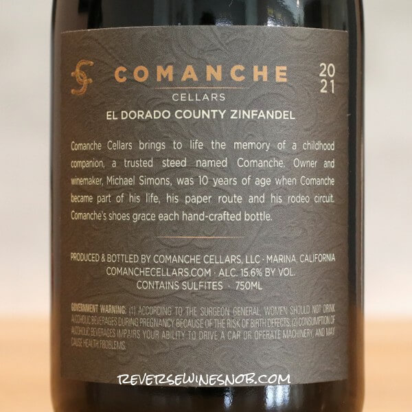 2021 Comanche Cellars Medeiros Vineyard Zinfandel Back Label
