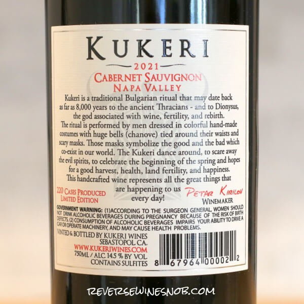 2021 Kukeri Napa Valley Cabernet Sauvignon Back Label