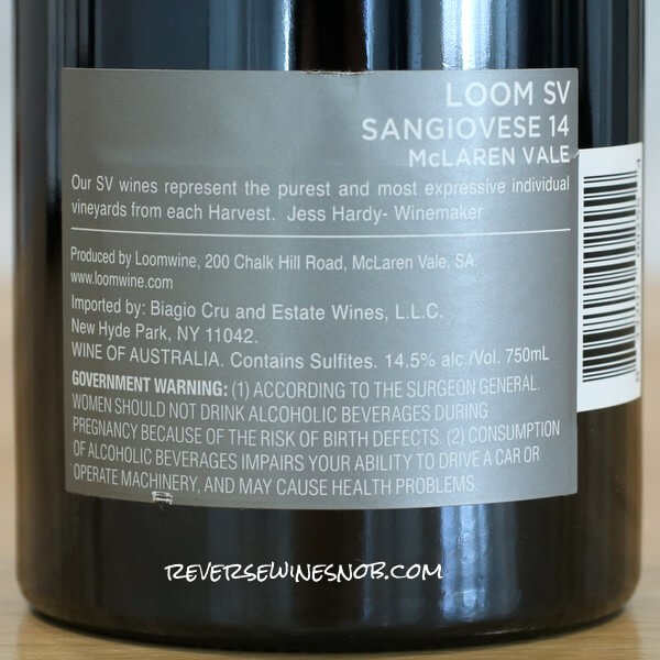 2014 Loom SV McLaren Vale Sangiovese Back Label