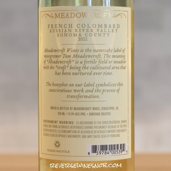 2022 Meadowcroft Russian River Valley French Colombard Back Label