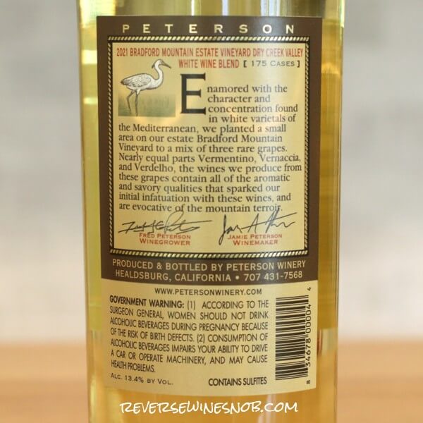 2021 Peterson Winery 3V Bradford Mountain Vineyard White Blend Back Label
