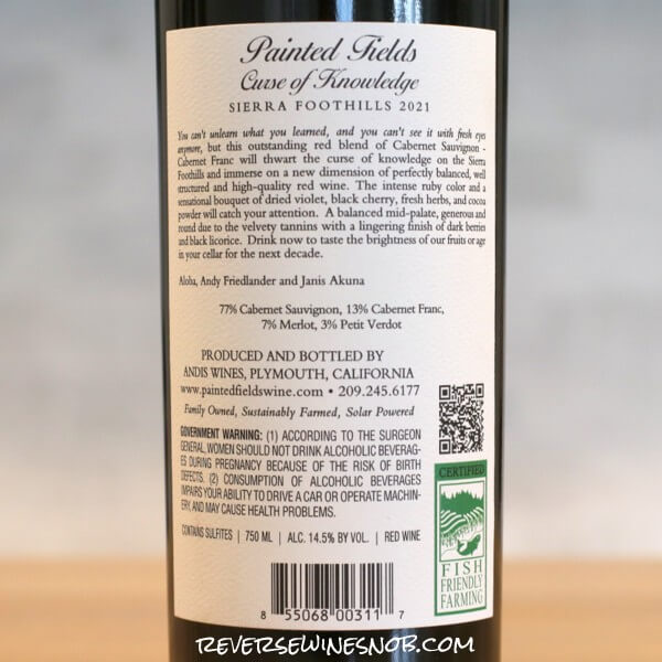 2021 Painted Fields Curse of Knowledge Red Blend Back Label