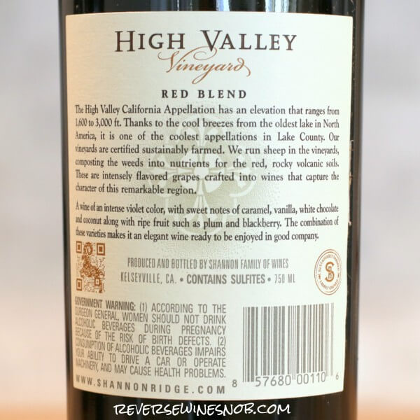 2019 High Valley Vineyard Red Blend Back Label