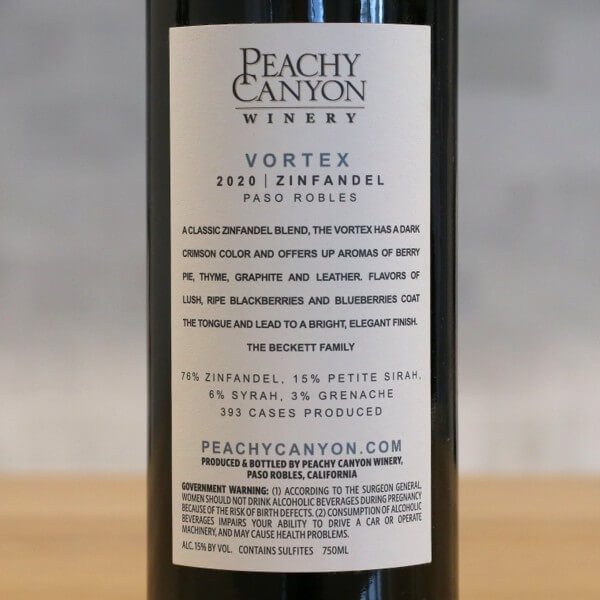 2020 Peachy Canyon Vortex Zinfandel Back Label
