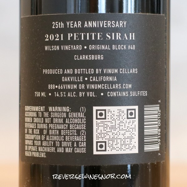 2021 Vinum Cellars PETS Petite Sirah Back Label