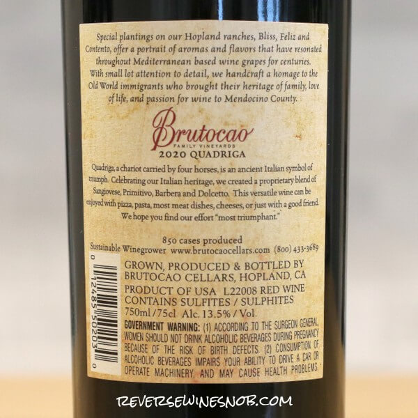 2020 Brutocao Quadriga Back Label