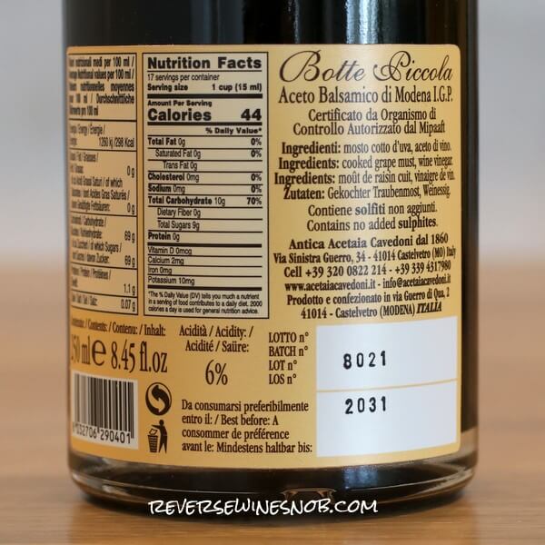 Cavedoni Botte Piccola 7-Year Aged Aceto Balsamico di Modena Back Label