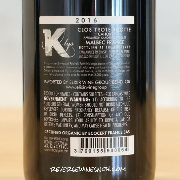 2016 Clos Troteligotte K-lys Malbec Back Label