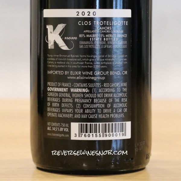 2020 Clos Troteligotte K-nom Malbec Back Label