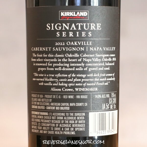 2022 Kirkland Signature Series Oakville Cabernet Sauvignon Back Label