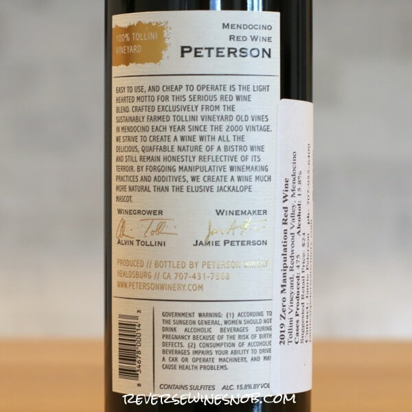 2019 Peterson Winery Tollini Vineyard Zero Manipulation Red Back Label