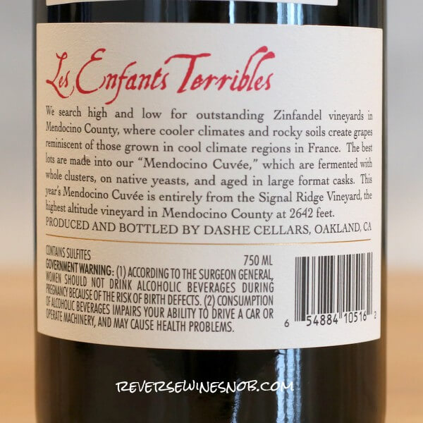 2018 Dashe Les Enfants Terribles Zinfandel Back Label