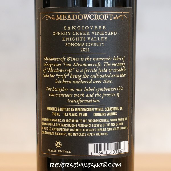 2021 Meadowcroft Speedy Creek Vineyard Knights Valley Sangiovese Back Label