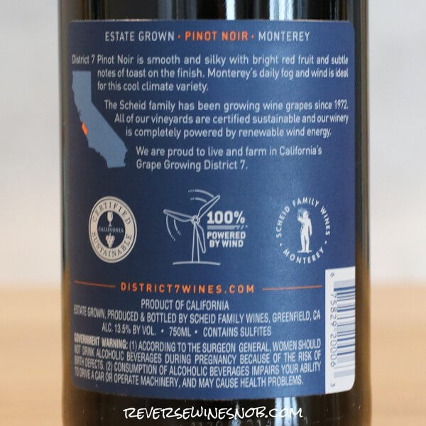 2022 District 7 Pinot Noir Back Label