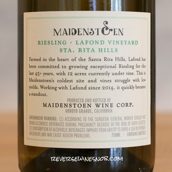 2021 Maidenstoen Lafond Vineyard Riesling Back Label