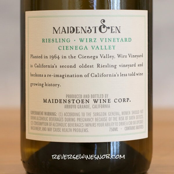 2021 Maidenstoen Wirz Vineyard Riesling Back Label