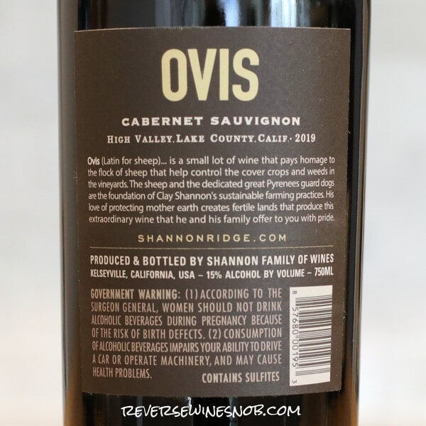 2019 Ovis Cabernet Sauvignon Back Label