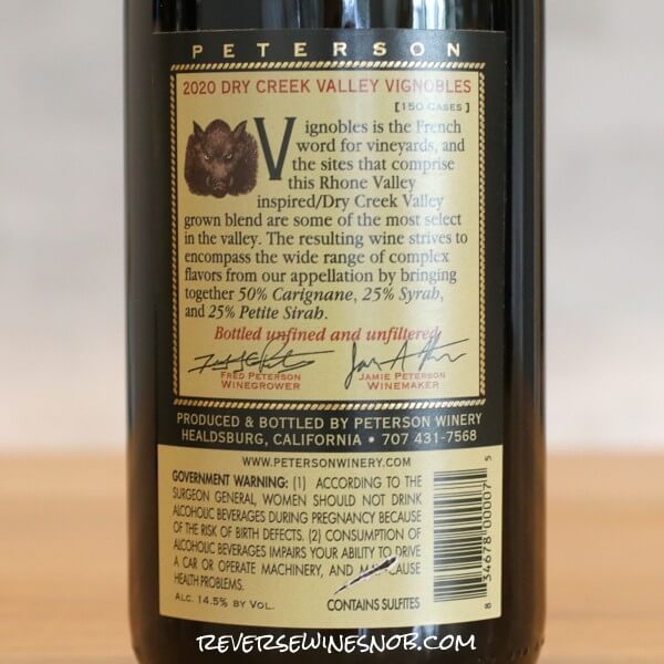 2020 Peterson Winery Vignobles Red Wine Back Label