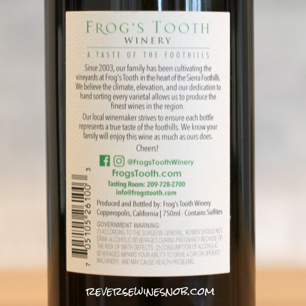 2021 Frog's Tooth Grenache Back Label