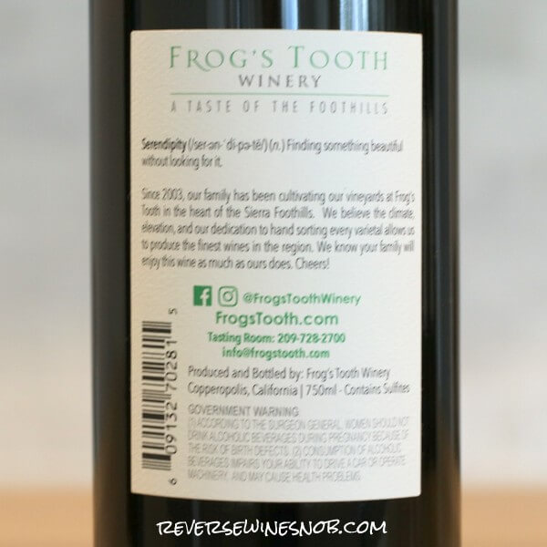 2021 Frog's Tooth Serendipity red blend back label