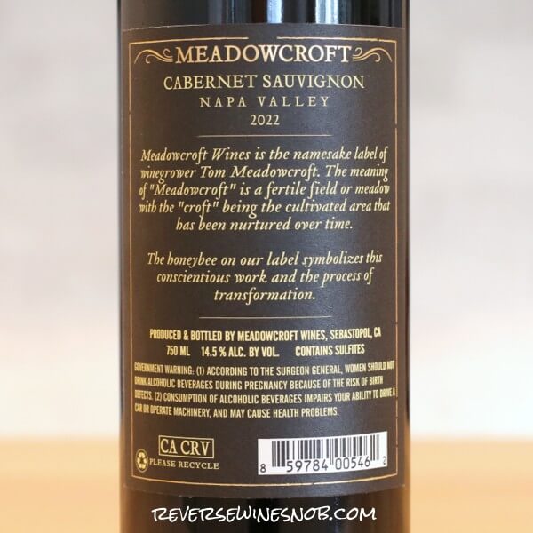 2022 Meadowcroft Wines Napa Valley Cabernet Sauvignon Back Label