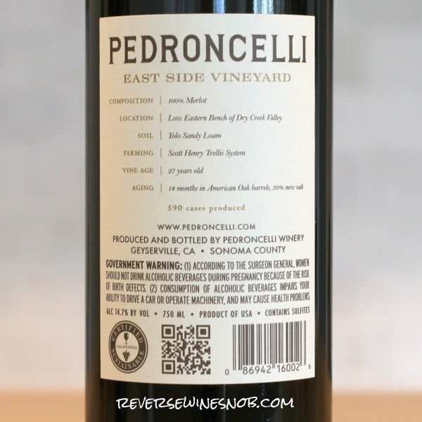 2021 Pedroncelli East Side Vineyard Merlot Back Label