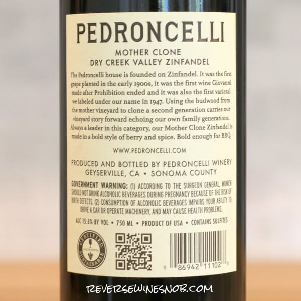 2021 Pedroncelli Mother Clone Zinfandel Back Label