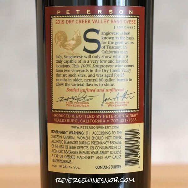 2019 Peterson Winery Dry Creek Valley Sangiovese Back Label