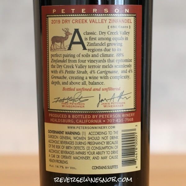 2019 Peterson Winery Dry Creek Valley Zinfandel Back Label