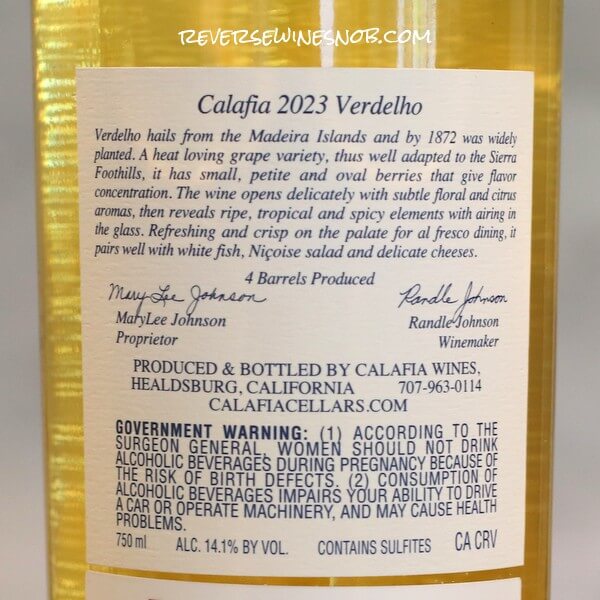 2023 Calafia Verdelho Back Label