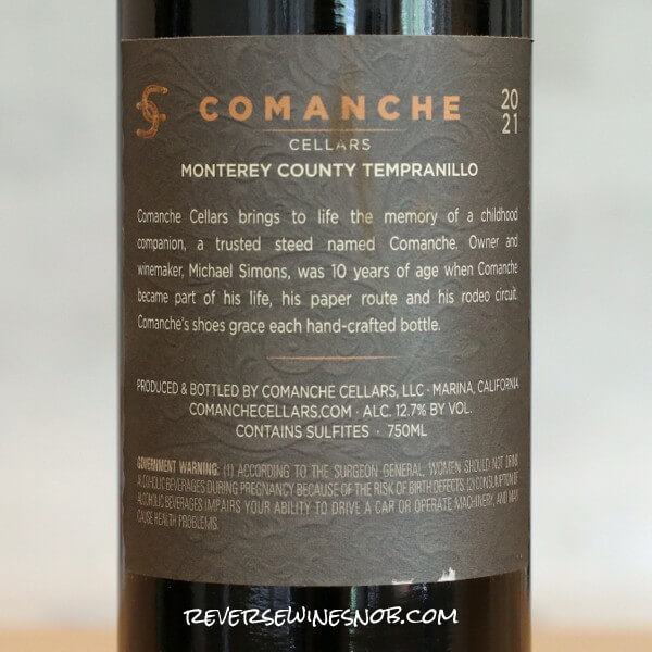 2021 Comanche Cellars Pierce Ranch Tempranillo Back Label